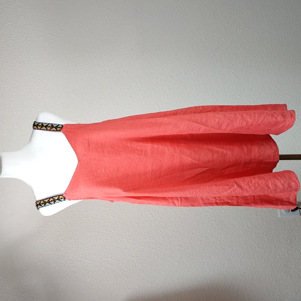 Cynthia Rowley 100% Linen Coral Color Lg Sleeveless Embroidered Straps Boho Nwt